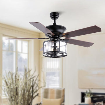 Braxton 52" Farmhouse Industrial Iron Drum Shade LED Ceiling Fan With Remote - JONATHAN Y